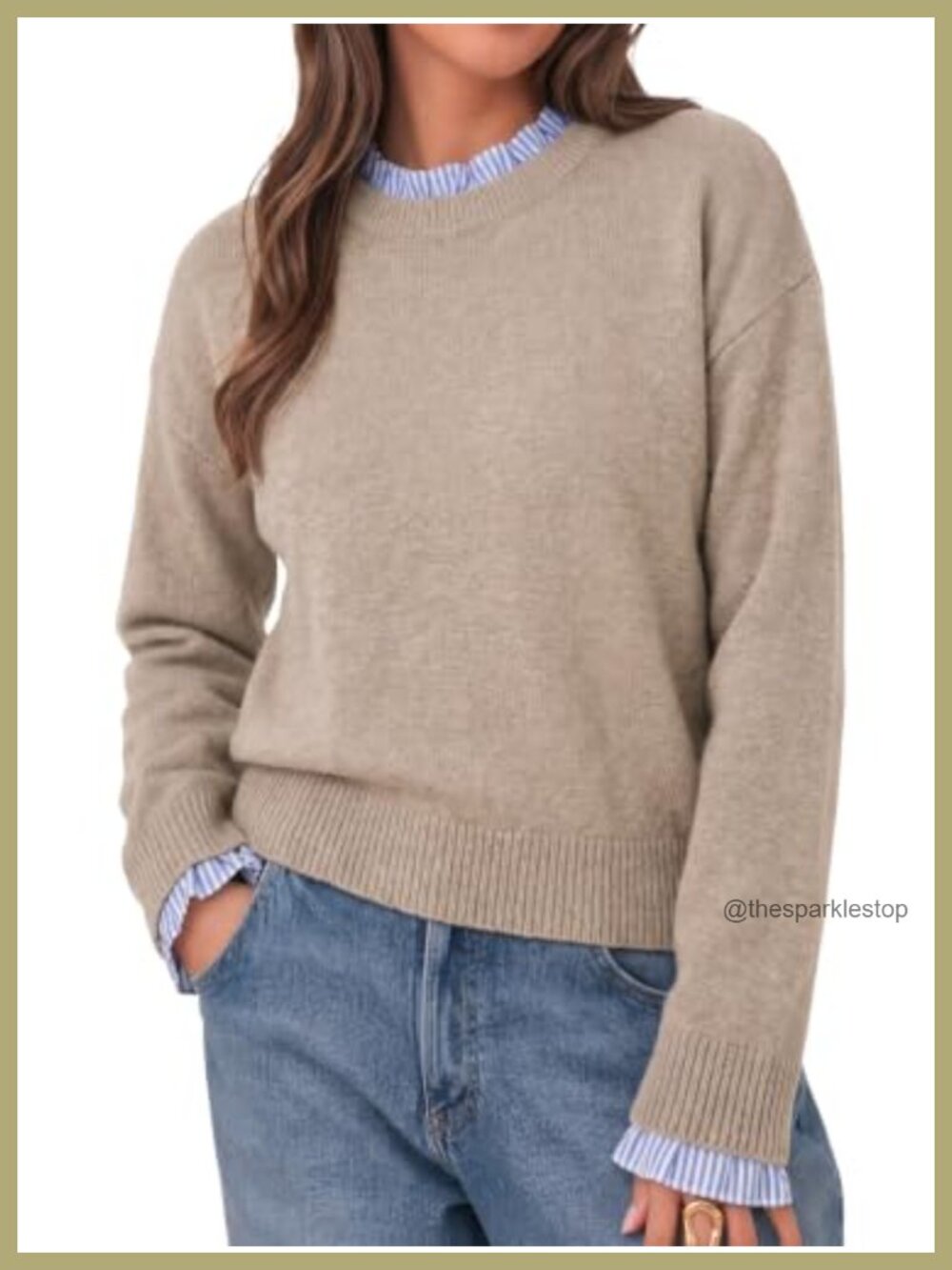 Womens Ruffle Long Sleeve Crew Neck Pullover Sweater Patchwork Knit Top